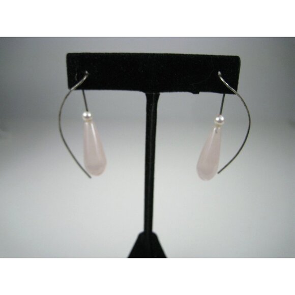 Rose Quartz Stone Pearl Drop Silver Hook French Wire Earrings Long 2 inch Sweep - Picture 8 of 8